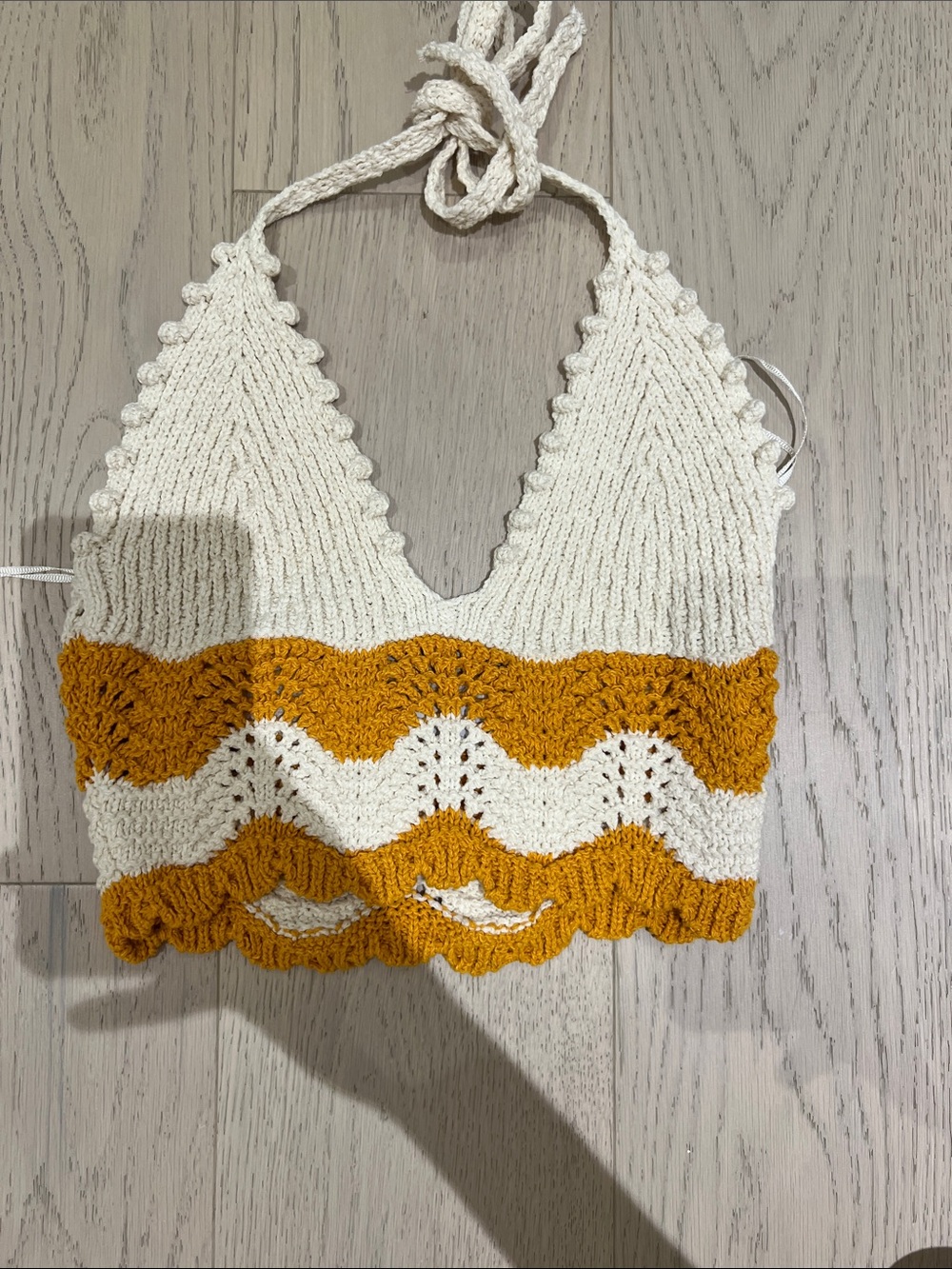 Zara Cream & Mustard Crochet Halter Crop Top